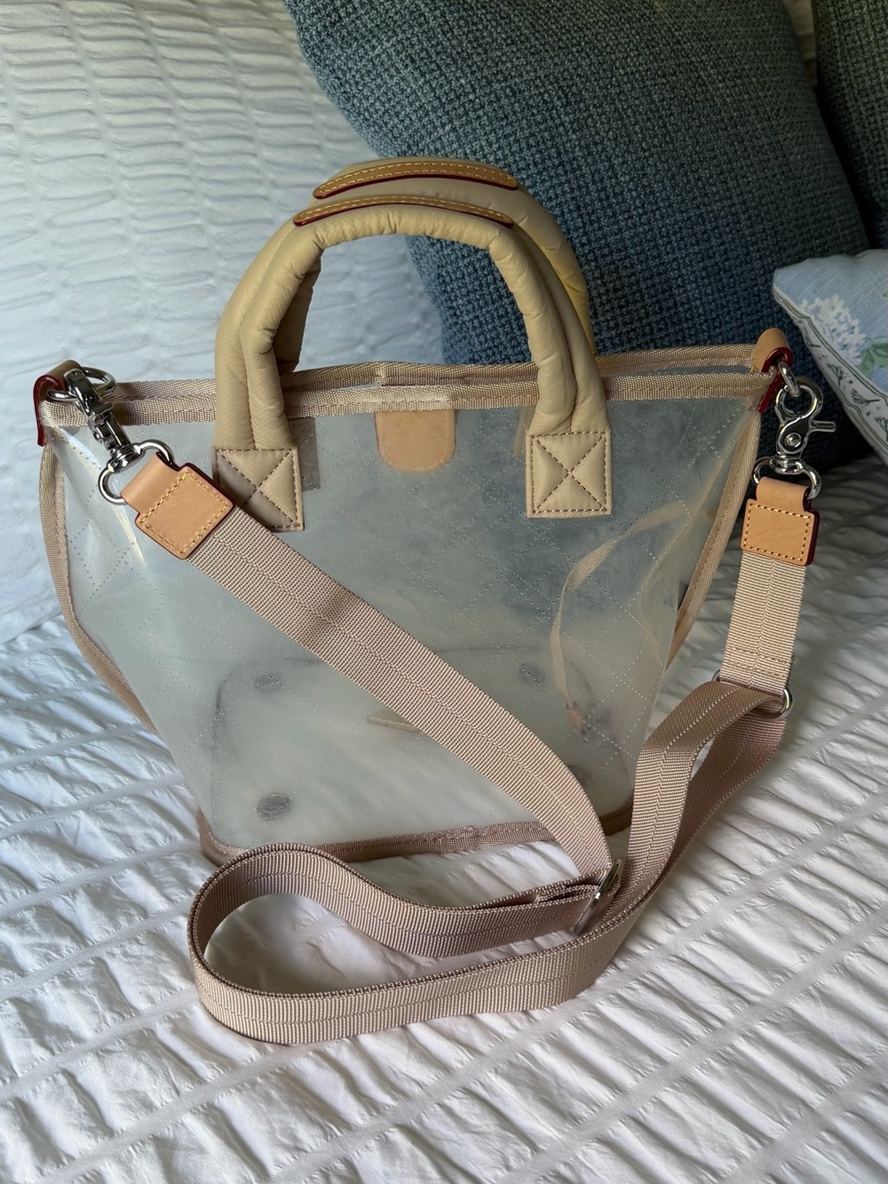 MZ Wallace Clear Quilted Stadium Tote in Buff with adjustable strap